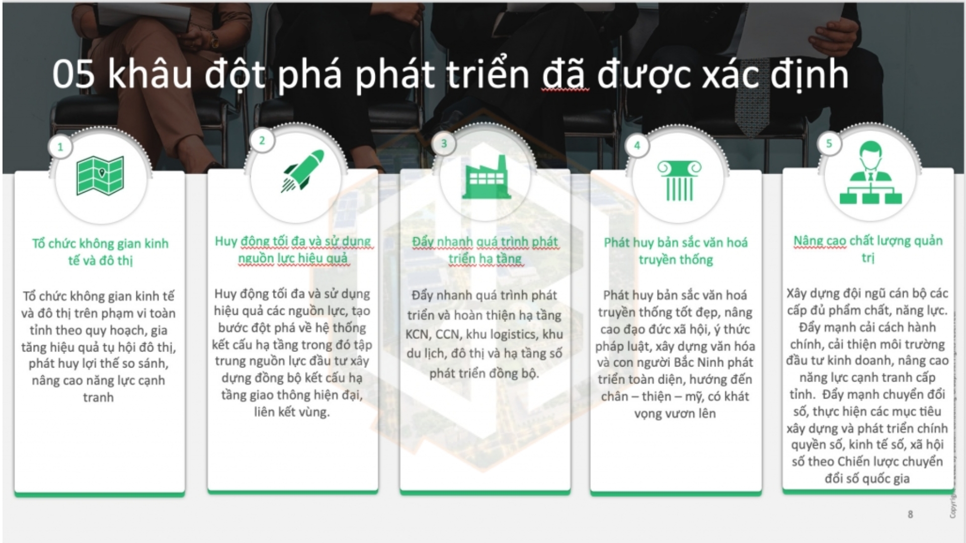 Quy hoạch tỉnh Bắc Ninh xác định 5 khâu đột phá phát triển và 7 nhóm ngành ưu tiên của Tỉnh trong giai đoạn quy hoạch 2021-2030, tầm nhìn đến 2050. 