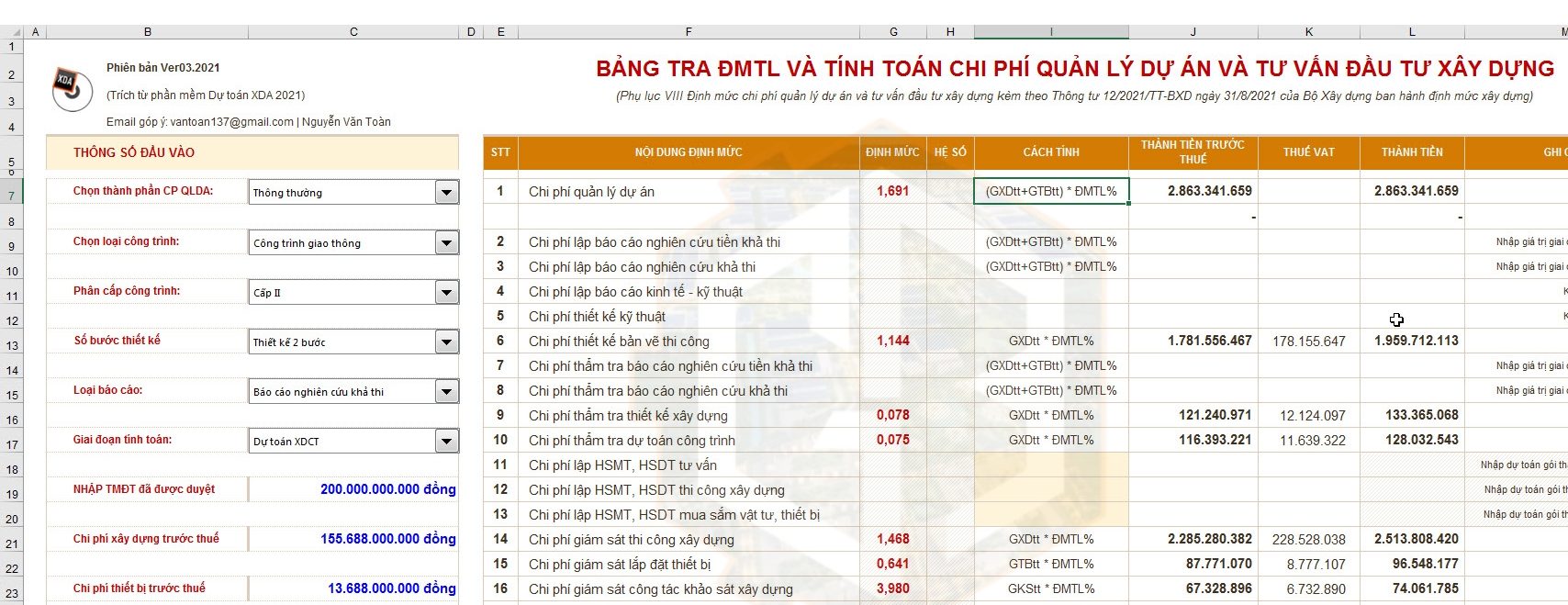 Mẫu bản so sánh chi phí quản lý dự án và tư vấn đấu thầu xây dựng. 