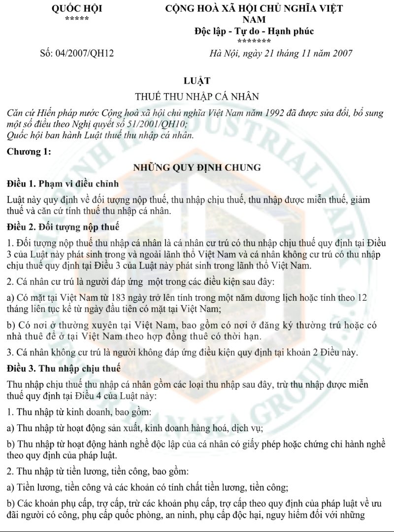 Luật thuế thu nhập cá nhân 2007 04/2007/QH12. Nguồn: Sen Vàng tổng hợp